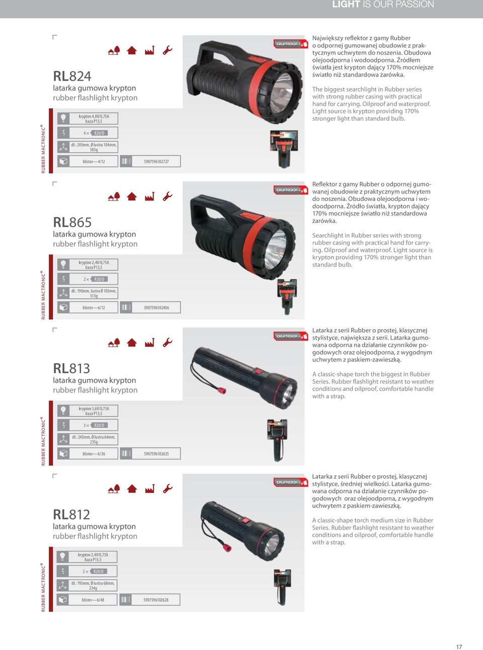 Źródłem światła jest krypton dający 170% mocniejsze światło niż standardowa żarówka. The biggest searchlight in Rubber series with strong rubber casing with practical hand for carrying.