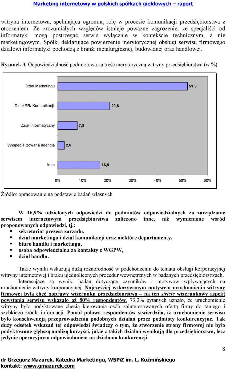 Spółki deklarujące powierzenie merytorycznej obsługi serwisu firmowego działowi informatyki pochodzą z branż: metalurgicznej, budowlanej oraz handlowej. Rysunek 3.