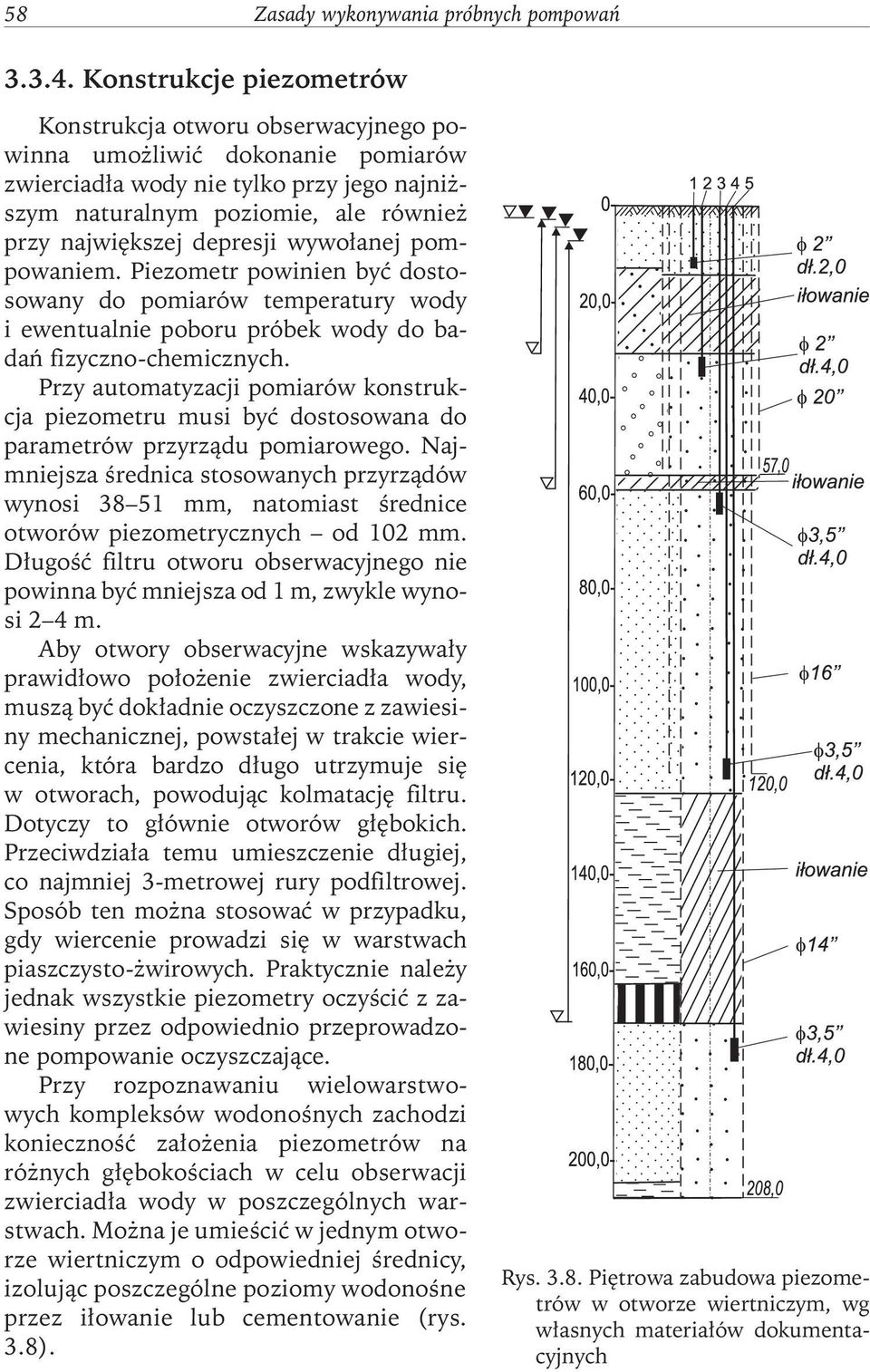 depresji wywołanej pompowaniem. Piezometr powinien być dostosowany do pomiarów temperatury wody i ewentualnie poboru próbek wody do badań fizyczno-chemicznych.