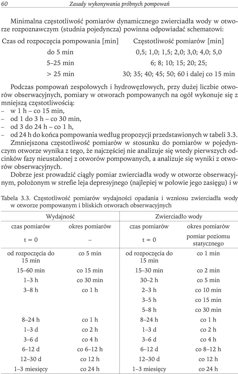 i hydrowęzłowych, przy dużej liczbie otworów obserwacyjnych, pomiary w otworach pompowanych na ogół wykonuje się z mniejszą częstotliwością: w 1 h co 15 min, od 1 do 3 h co 30 min, od 3 do 24 h co 1