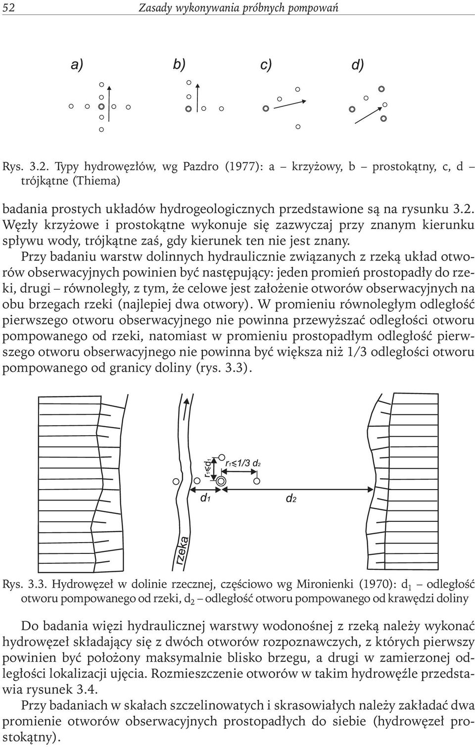 Przy badaniu warstw dolinnych hydraulicznie związanych z rzeką układ otworów obserwacyjnych powinien być następujący: jeden promień prostopadły do rzeki, drugi równoległy, z tym, że celowe jest