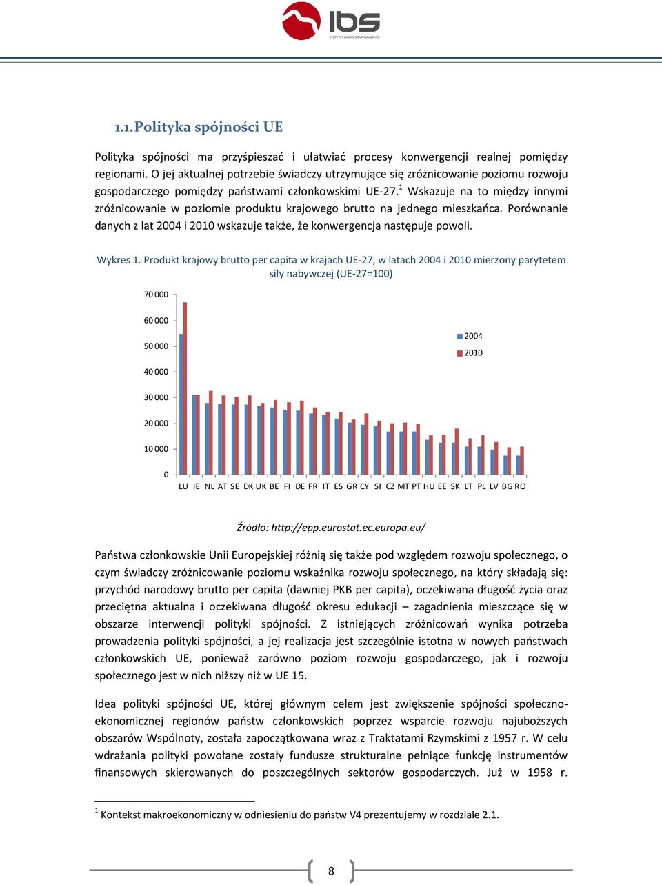 1 Wskazuje na to między innymi zróżnicowanie w poziomie produktu krajowego brutto na jednego mieszkańca. Porównanie danych z lat 2004 i 2010 wskazuje także, że konwergencja następuje powoli. Wykres 1.