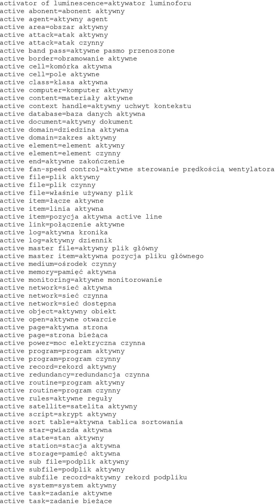 content=materiały aktywne active context handle=aktywny uchwyt kontekstu active database=baza danych aktywna active document=aktywny dokument active domain=dziedzina aktywna active domain=zakres