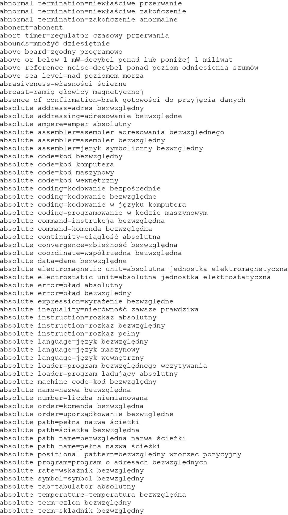 poziomem morza abrasiveness=własności ścierne abreast=ramię głowicy magnetycznej absence of confirmation=brak gotowości do przyjęcia danych absolute address=adres bezwzględny absolute