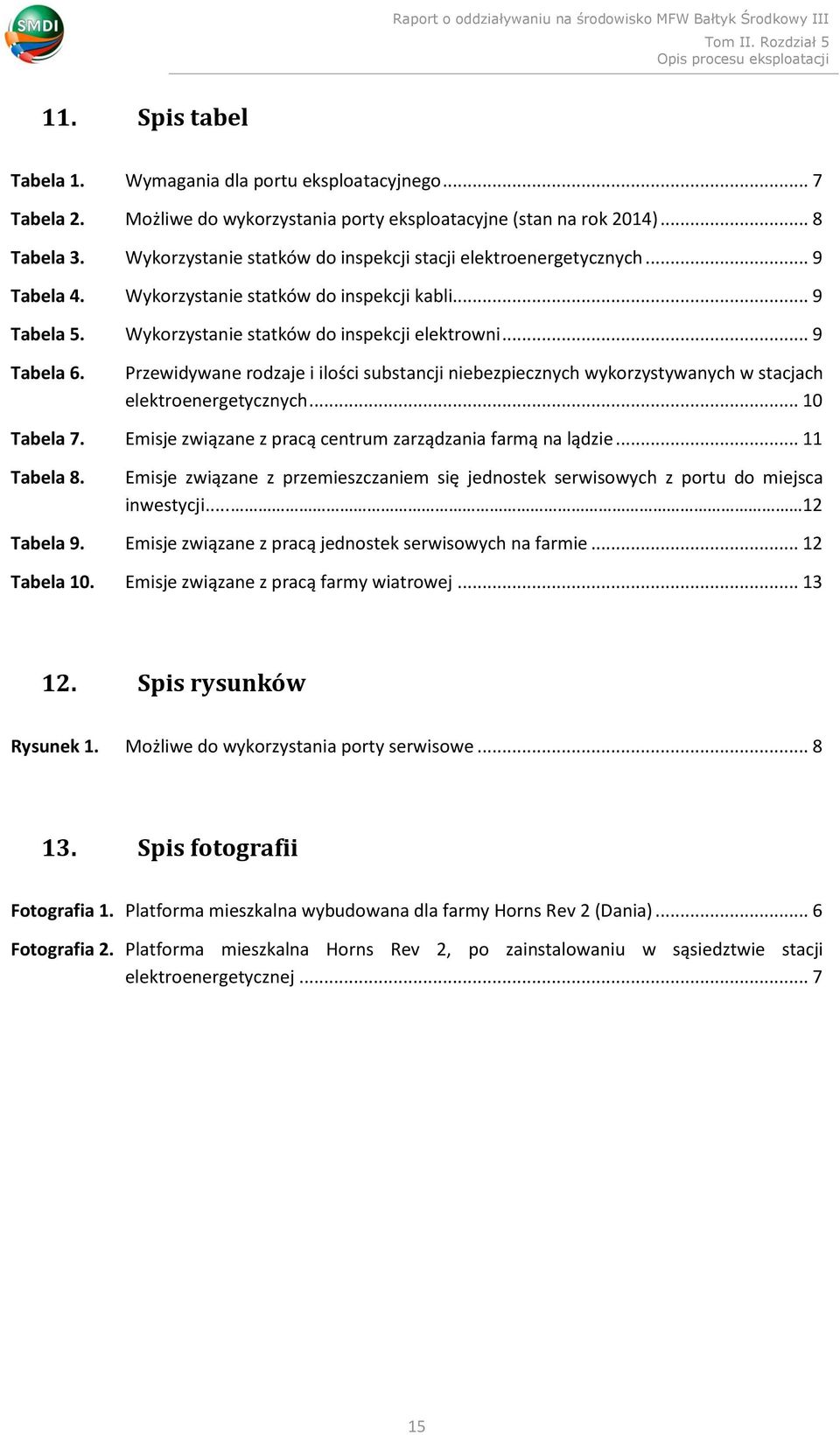 Przewidywane rodzaje i ilości substancji niebezpiecznych wykorzystywanych w stacjach elektroenergetycznych... 10 Tabela 7. Emisje związane z pracą centrum zarządzania farmą na lądzie... 11 Tabela 8.