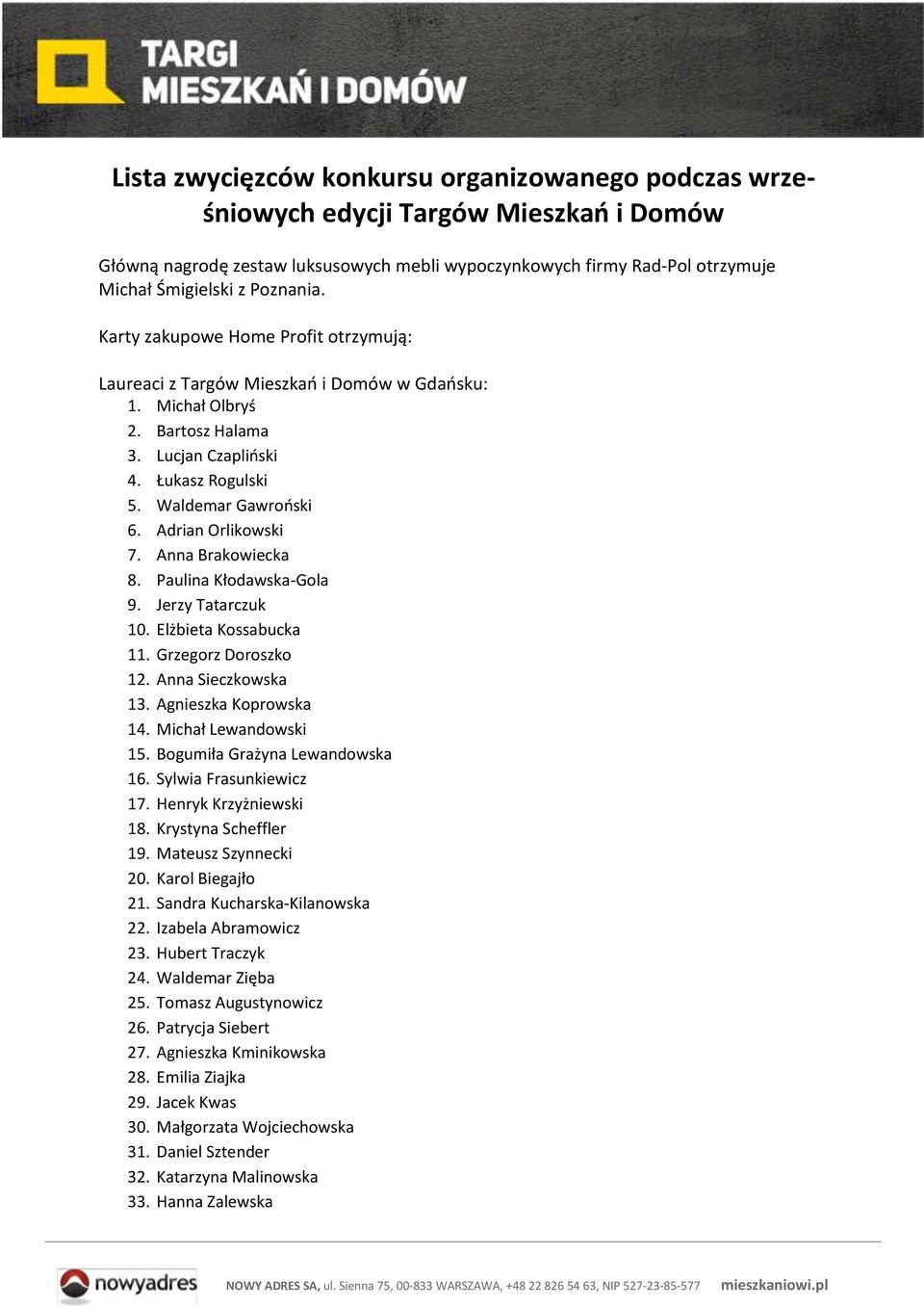 Adrian Orlikowski 7. Anna Brakowiecka 8. Paulina Kłodawska-Gola 9. Jerzy Tatarczuk 10. Elżbieta Kossabucka 11. Grzegorz Doroszko 12. Anna Sieczkowska 13. Agnieszka Koprowska 14. Michał Lewandowski 15.