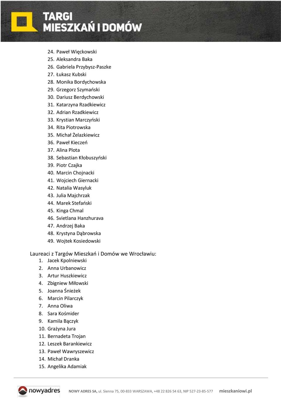 Wojciech Giernacki 42. Natalia Wasyluk 43. Julia Majchrzak 44. Marek Stefański 45. Kinga Chmal 46. Svietlana Hanzhurava 47. Andrzej Baka 48. Krystyna Dąbrowska 49.