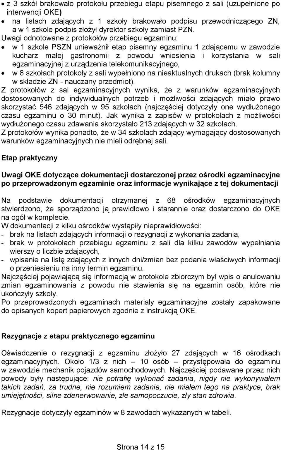 Uwagi odnotowane z protokołów przebiegu egzaminu: w 1 szkole PSZN unieważnił etap pisemny egzaminu 1 zdającemu w zawodzie kucharz małej gastronomii z powodu wniesienia i korzystania w sali