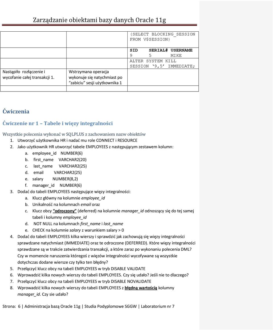 integralności Wszystkie polecenia wykonać w SQLPLUS z zachowaniem nazw obiektów 1. Utworzyć użytkownika HR i nadać mu role CONNECT i RESOURCE 2.