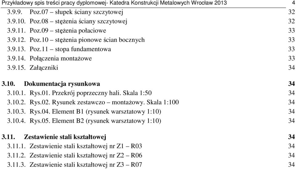 Przekrój poprzeczny hali. Skala 1:50 34 3.10.2. Rys.02. Rysunek zestawczo montażowy. Skala 1:100 34 3.10.3. Rys.04. Element B1 (rysunek warsztatowy 1:10) 34 3.10.4. Rys.05.