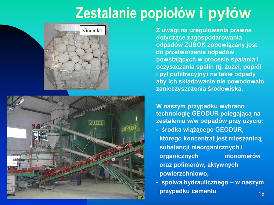 żużel, popiół i pył pofiltracyjny) na takie odpady aby ich składowanie nie powodowało zanieczyszczenia środowiska.