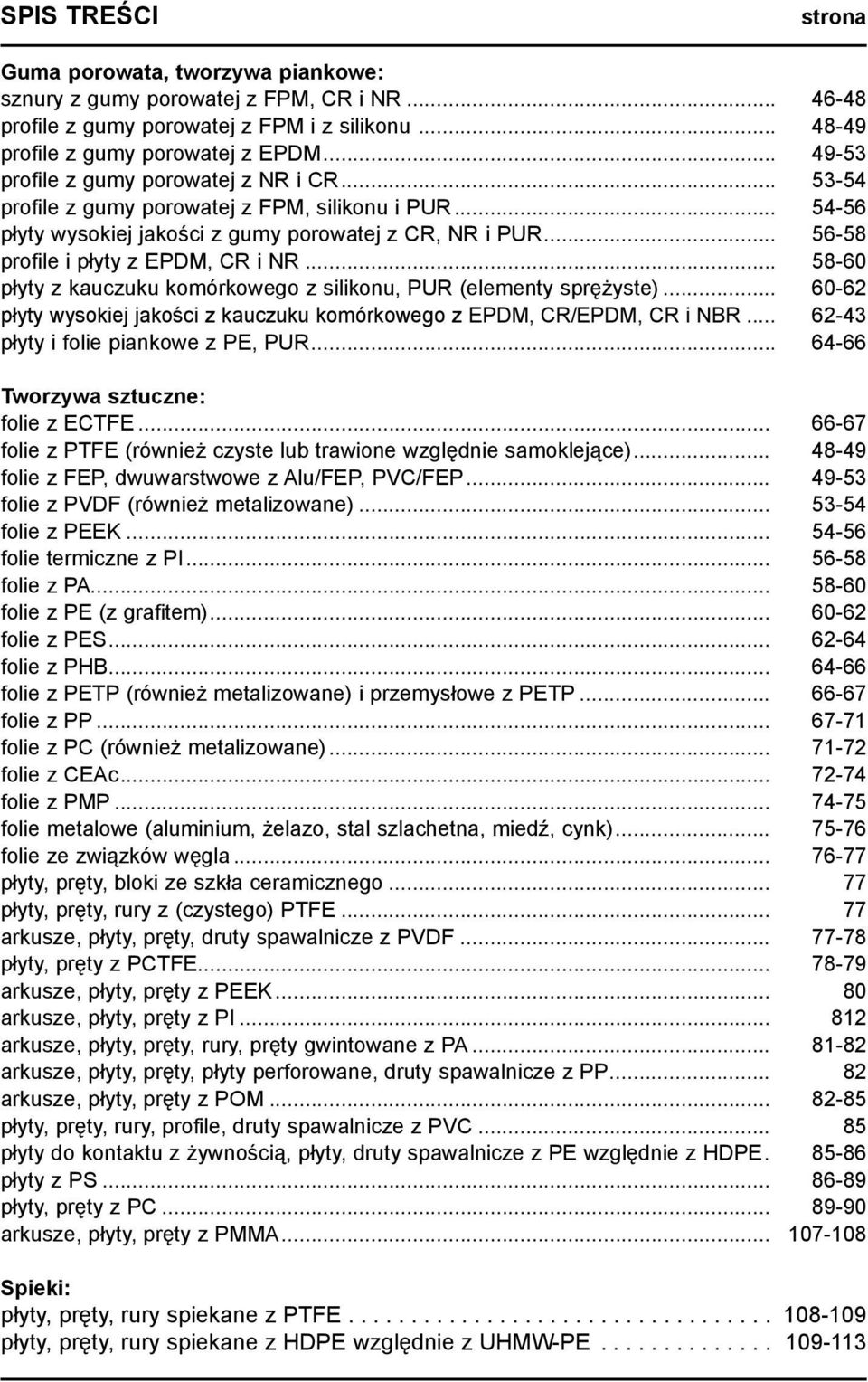 .. 56-58 profile i płyty z EPDM, CR i NR... 58-60 płyty z kauczuku komórkowego z silikonu, PUR (elementy sprężyste)... 60-62 płyty wysokiej jakości z kauczuku komórkowego z EPDM, CR/EPDM, CR i NBR.