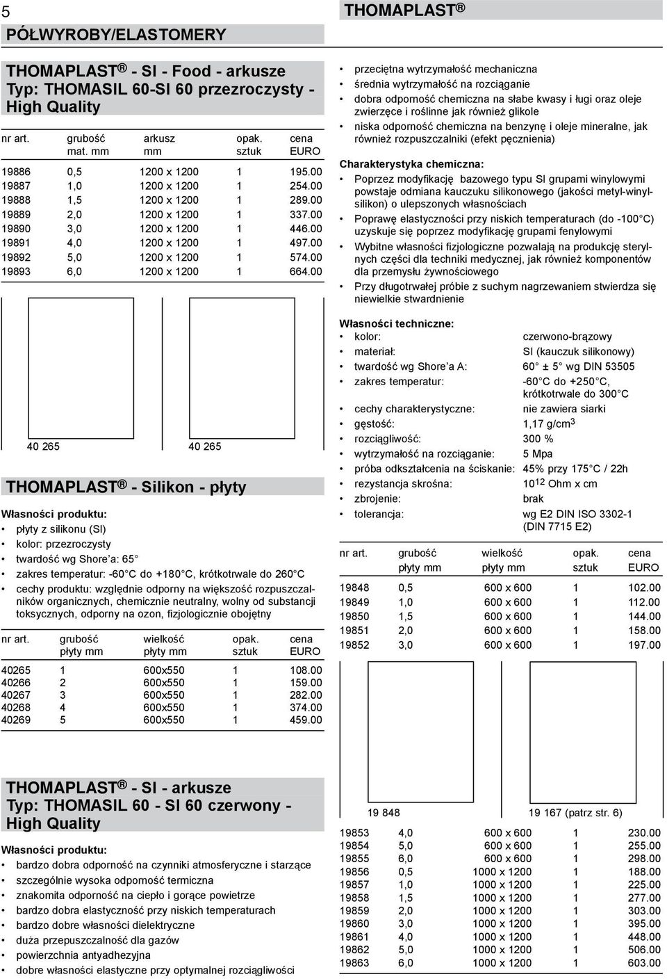 00 40 265 40 265 THOMAPLAST - Silikon - płyty płyty z silikonu (SI) kolor: przezroczysty twardość wg Shore a: 65 zakres temperatur: -60 C do +180 C, krótkotrwale do 260 C cechy produktu: względnie