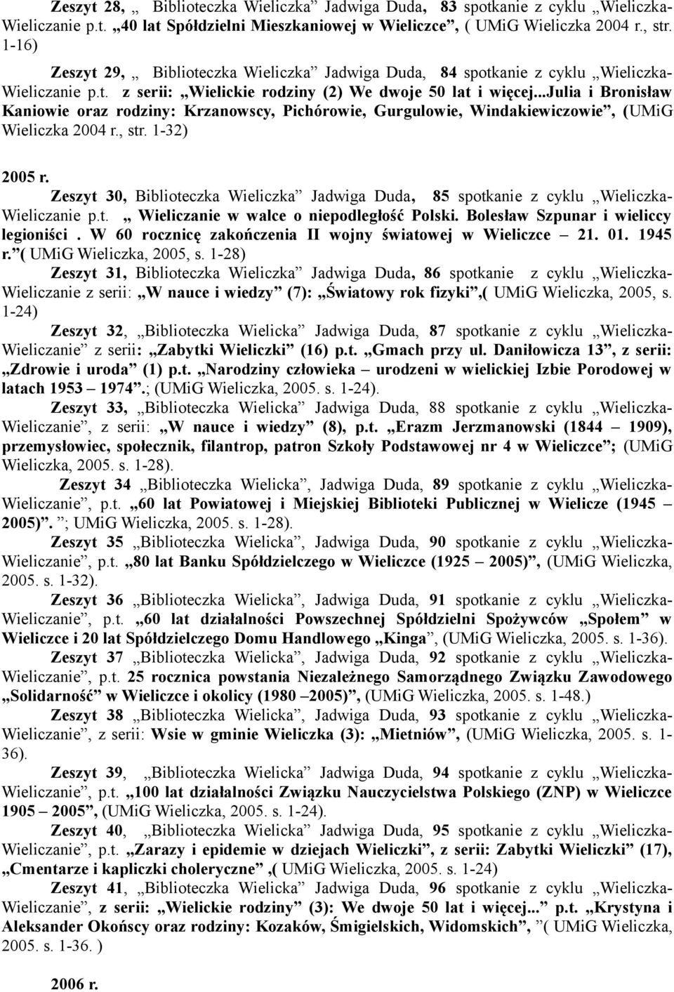 ..julia i Bronisław Kaniowie oraz rodziny: Krzanowscy, Pichórowie, Gurgulowie, Windakiewiczowie, (UMiG Wieliczka 2004 r., str. 1-32) 2005 r.