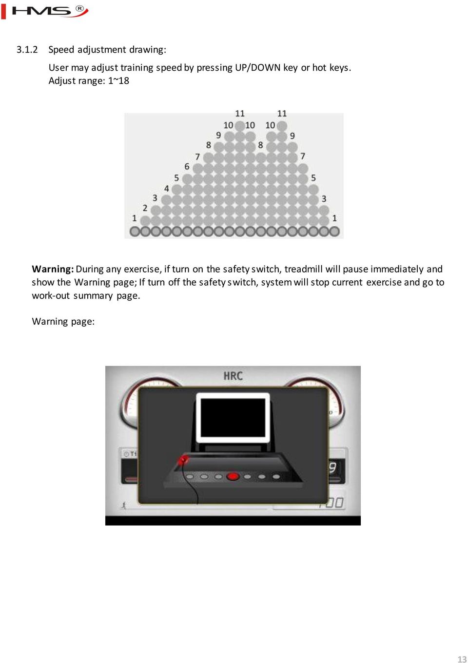 Adjust range: 1~18 Warning: During any exercise, if turn on the safety switch, treadmill