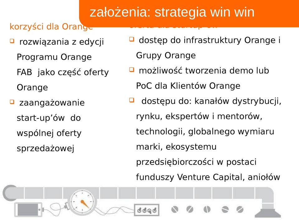 Orange i dostępu do: kanałów dystrybucji, start-up ów do rynku, ekspertów i mentorów, wspólnej oferty technologii,