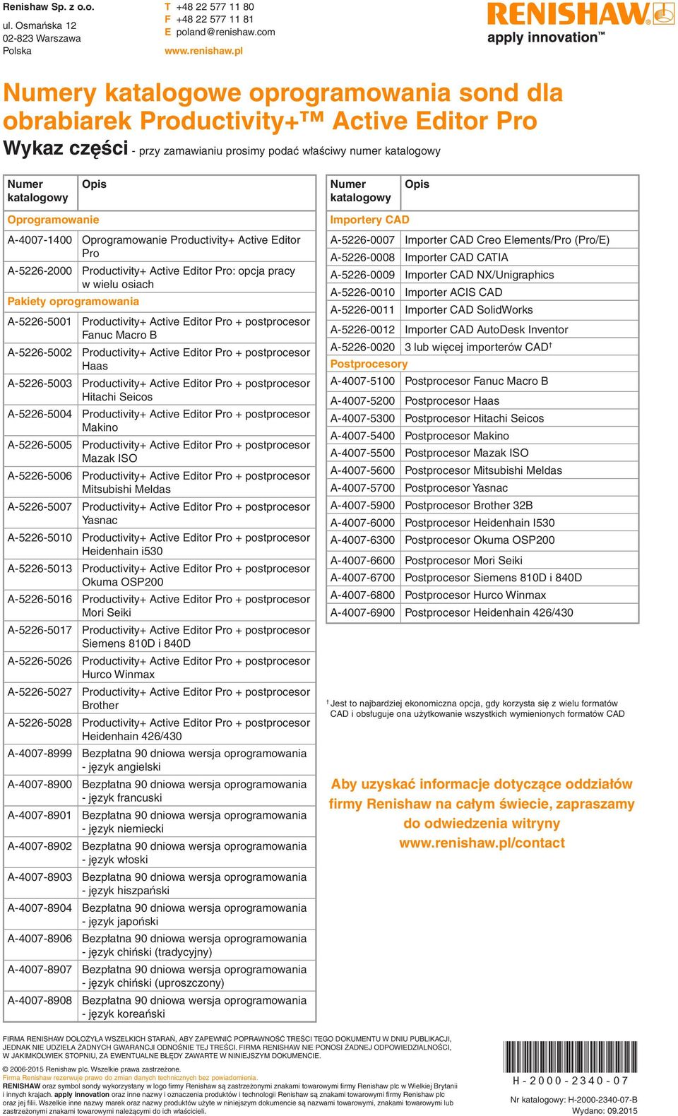 pl Numery katalogowe oprogramowania sond dla obrabiarek Productivity+ Active Editor Pro Wykaz części - przy zamawianiu prosimy podać właściwy numer katalogowy Numer katalogowy Opis Numer katalogowy