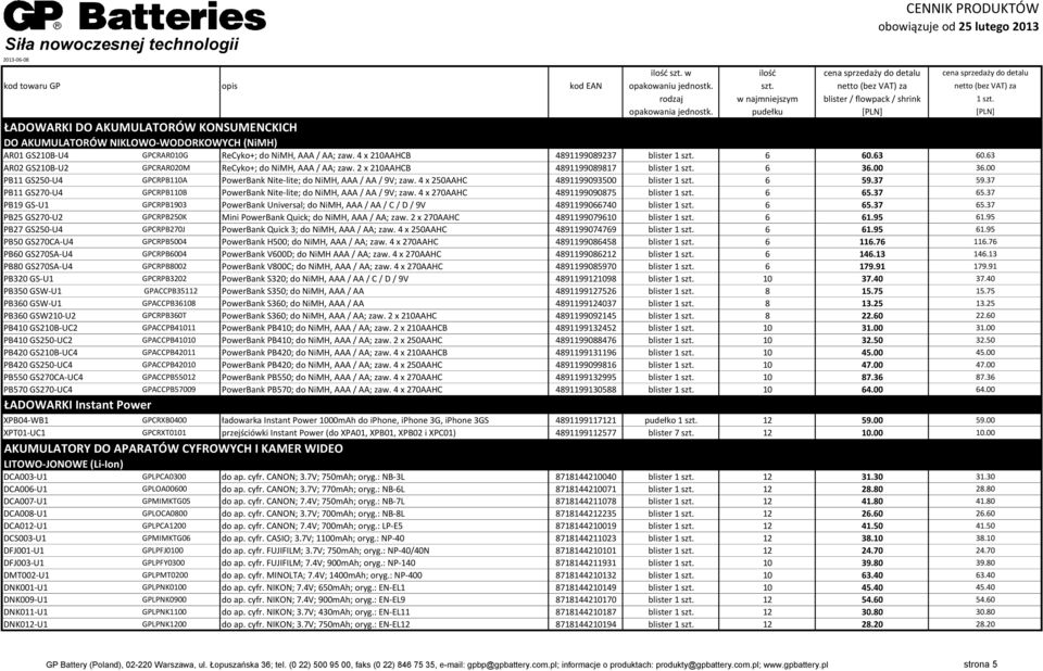 4 x 250AAHC 4891199093500 blister 1 szt. 6 59.37 59.37 PB11 GS270-U4 GPCRPB110B PowerBank Nite-lite; do NiMH, AAA / AA / 9V; zaw. 4 x 270AAHC 4891199090875 blister 1 szt. 6 65.37 65.