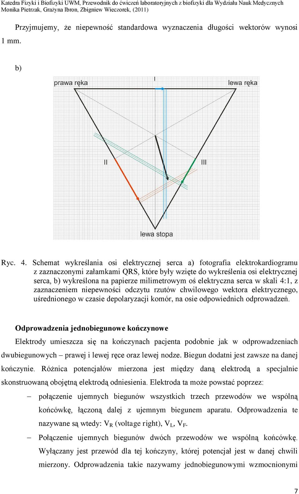 milimetrowym oś elektryczna serca w skali 4:1, z zaznaczeniem niepewności odczytu rzutów chwilowego wektora elektrycznego, uśrednionego w czasie depolaryzacji komór, na osie odpowiednich odprowadzeń.