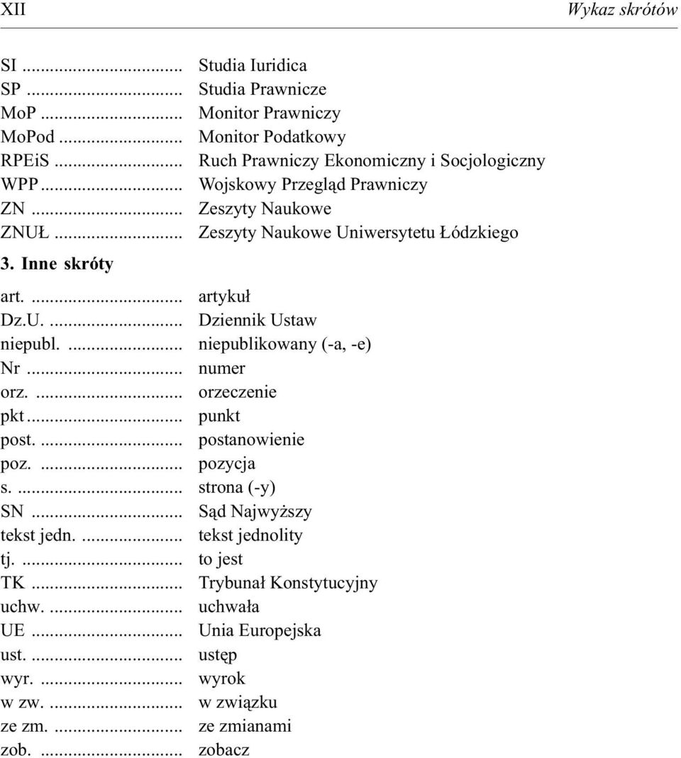 ... niepublikowany (-a, -e) Nr... numer orz.... orzeczenie pkt... punkt post.... postanowienie poz.... pozycja s.... strona (-y) SN... S¹d Najwy szy tekst jedn.