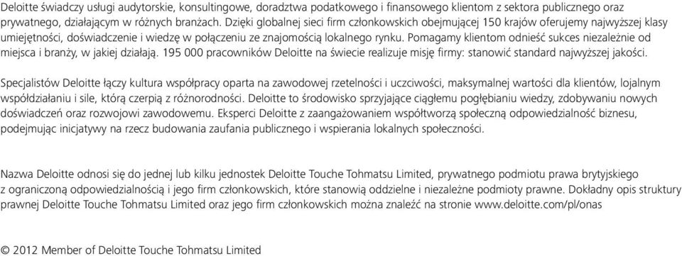 Pomagamy klientom odnieść sukces niezależnie od miejsca i branży, w jakiej działają. 195 000 pracowników Deloitte na świecie realizuje misję firmy: stanowić standard najwyższej jakości.