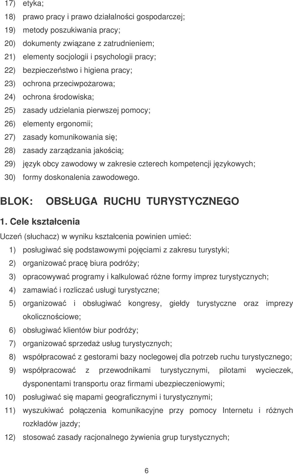 obcy zawodowy w zakresie czterech kompetencji jzykowych; 30) formy doskonalenia zawodowego. BLOK: OBSŁUGA RUCHU TURYSTYCZNEGO 1.