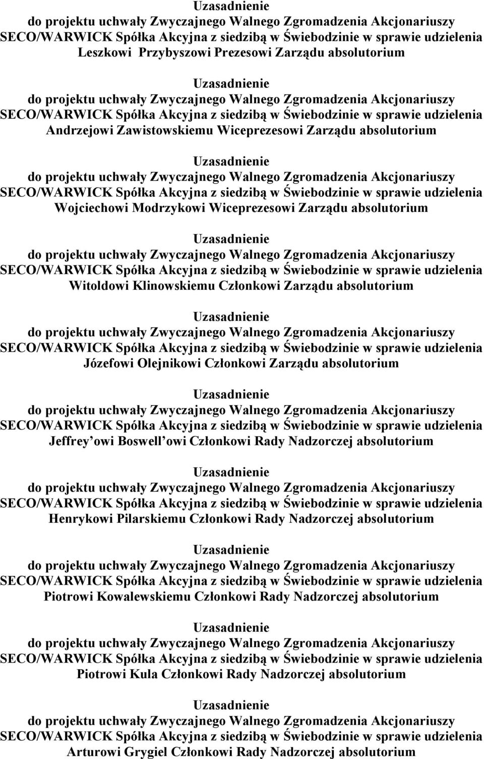 Jeffrey owi Boswell owi Członkowi Rady Nadzorczej absolutorium Henrykowi Pilarskiemu Członkowi Rady Nadzorczej absolutorium Piotrowi