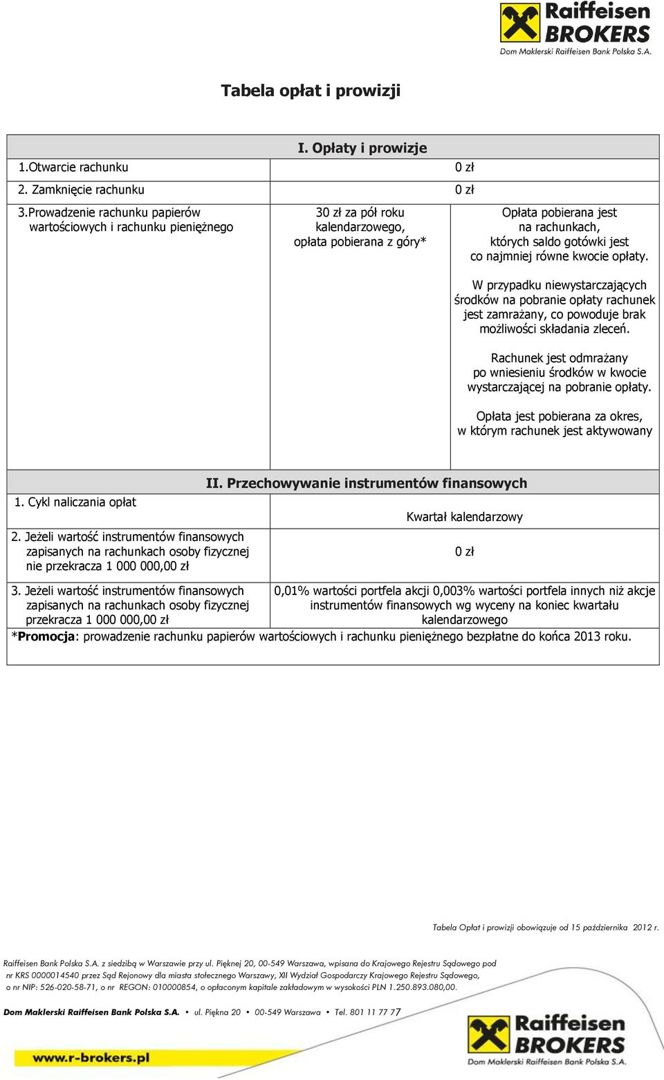 najmniej równe kwocie opłaty. W przypadku niewystarczających środków na pobranie opłaty rachunek jest zamrażany, co powoduje brak możliwości składania zleceń.