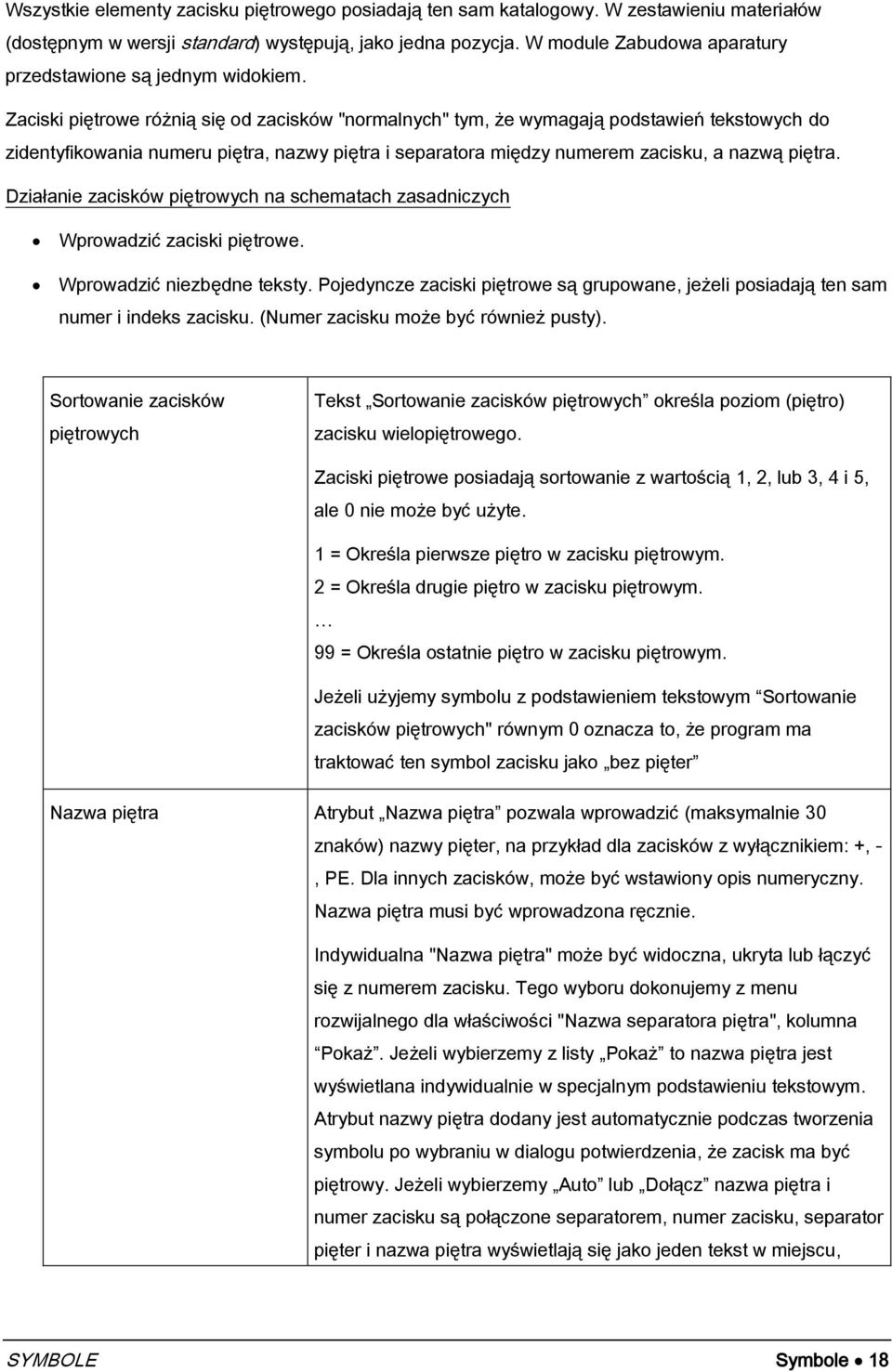 Zaciski piętrowe różnią się od zacisków "normalnych" tym, że wymagają podstawień tekstowych do zidentyfikowania numeru piętra, nazwy piętra i separatora między numerem zacisku, a nazwą piętra.