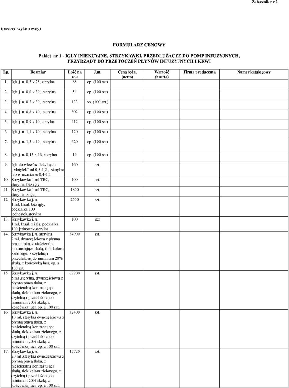 (100 szt) 6. Igła j. u. 1,1 x 40, sterylna 120 op. (100 szt) 7. Igła j. u. 1,2 x 40, sterylna 620 op. (100 szt) 8. Igła j. u. 0,45 x 16, sterylna 19 op. (100 szt) 9.