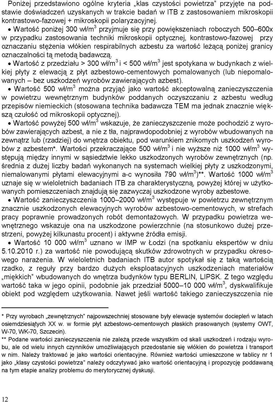 Wartość poniżej 300 wł/m 3 przyjmuje się przy powiększeniach roboczych 500-600x w przypadku zastosowania techniki mikroskopii optycznej, kontrastowo-fazowej przy oznaczaniu stężenia włókien