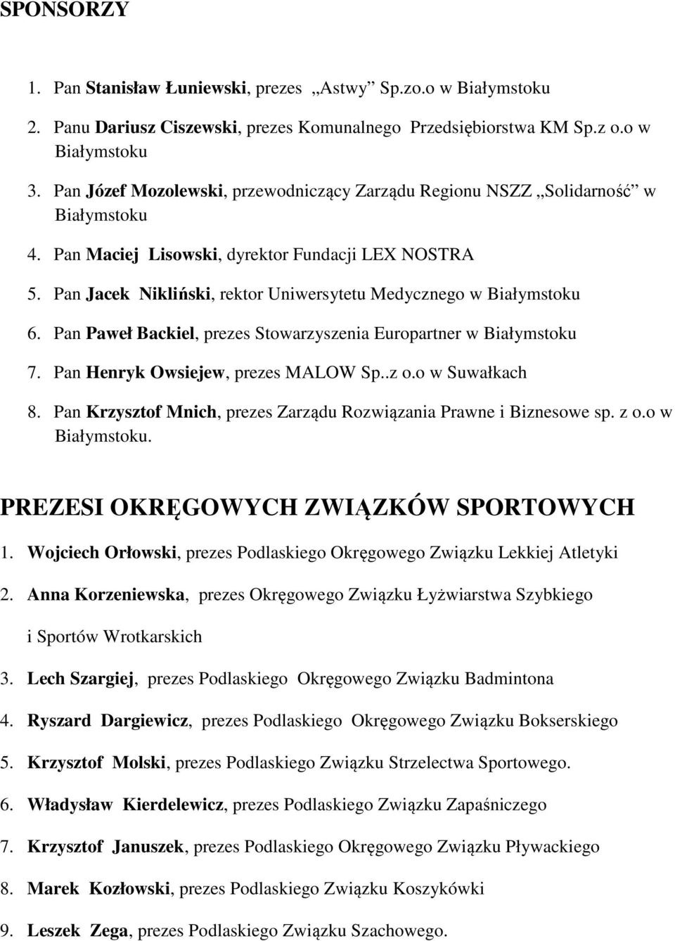 Pan Jacek Nikliński, rektor Uniwersytetu Medycznego w Białymstoku 6. Pan Paweł Backiel, prezes Stowarzyszenia Europartner w Białymstoku 7. Pan Henryk Owsiejew, prezes MALOW Sp..z o.o w Suwałkach 8.