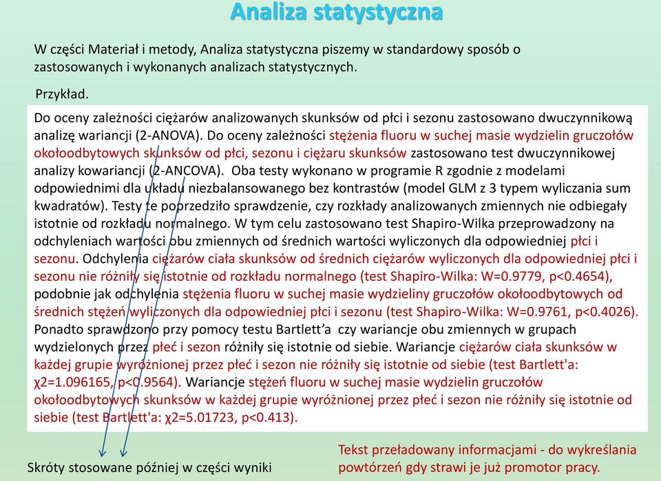 Do oceny zależności stężenia fluoru w suchej masie wydzielin gruczołów okołoodbytowych skunksów od płci, sezonu i ciężaru skunksów zastosowano test dwuczynnikowej analizy kowariancji (2-ANCOVA).