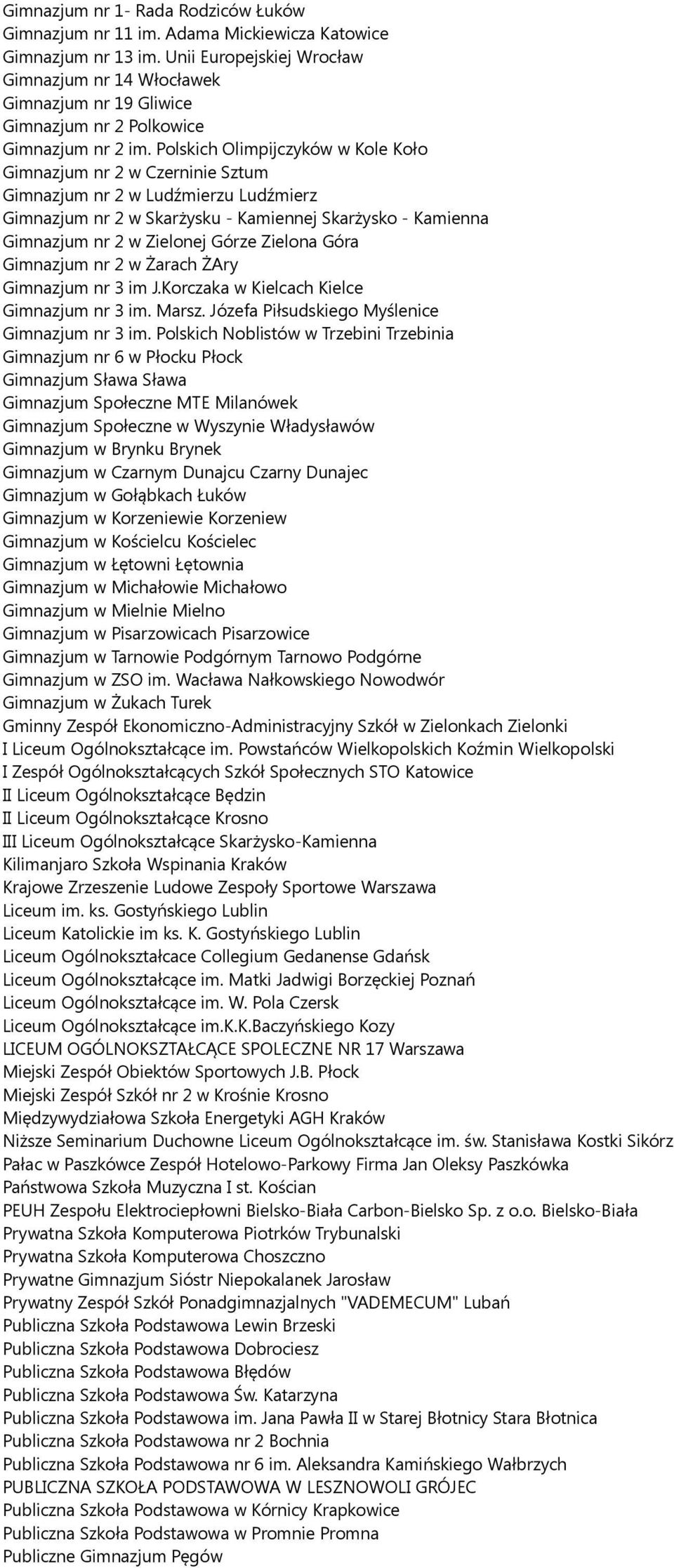 Polskich Olimpijczyków w Kole Koło Gimnazjum nr 2 w Czerninie Sztum Gimnazjum nr 2 w Ludźmierzu Ludźmierz Gimnazjum nr 2 w Skarżysku - Kamiennej Skarżysko - Kamienna Gimnazjum nr 2 w Zielonej Górze