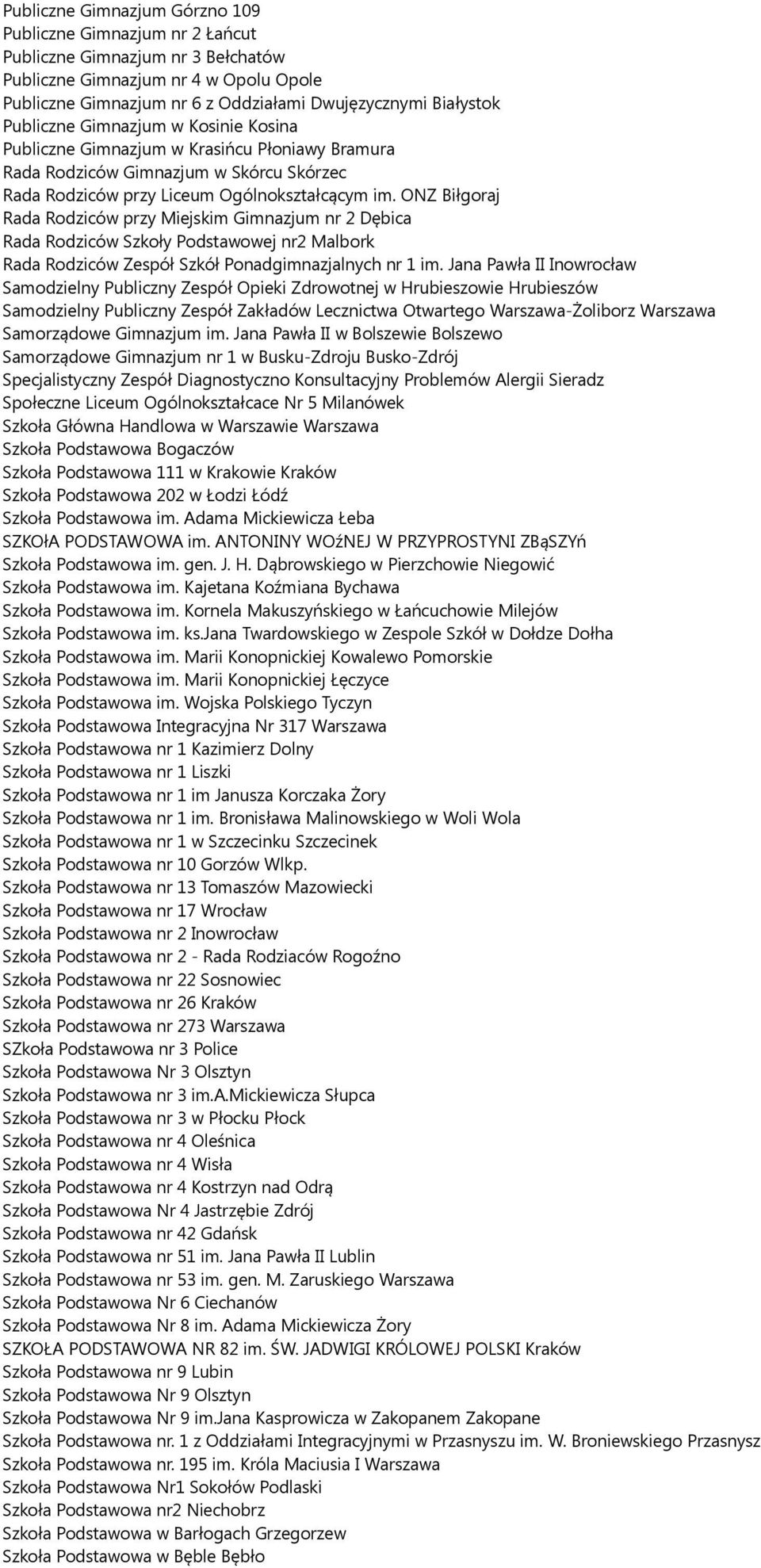 ONZ Biłgoraj Rada Rodziców przy Miejskim Gimnazjum nr 2 Dębica Rada Rodziców Szkoły Podstawowej nr2 Malbork Rada Rodziców Zespół Szkół Ponadgimnazjalnych nr 1 im.