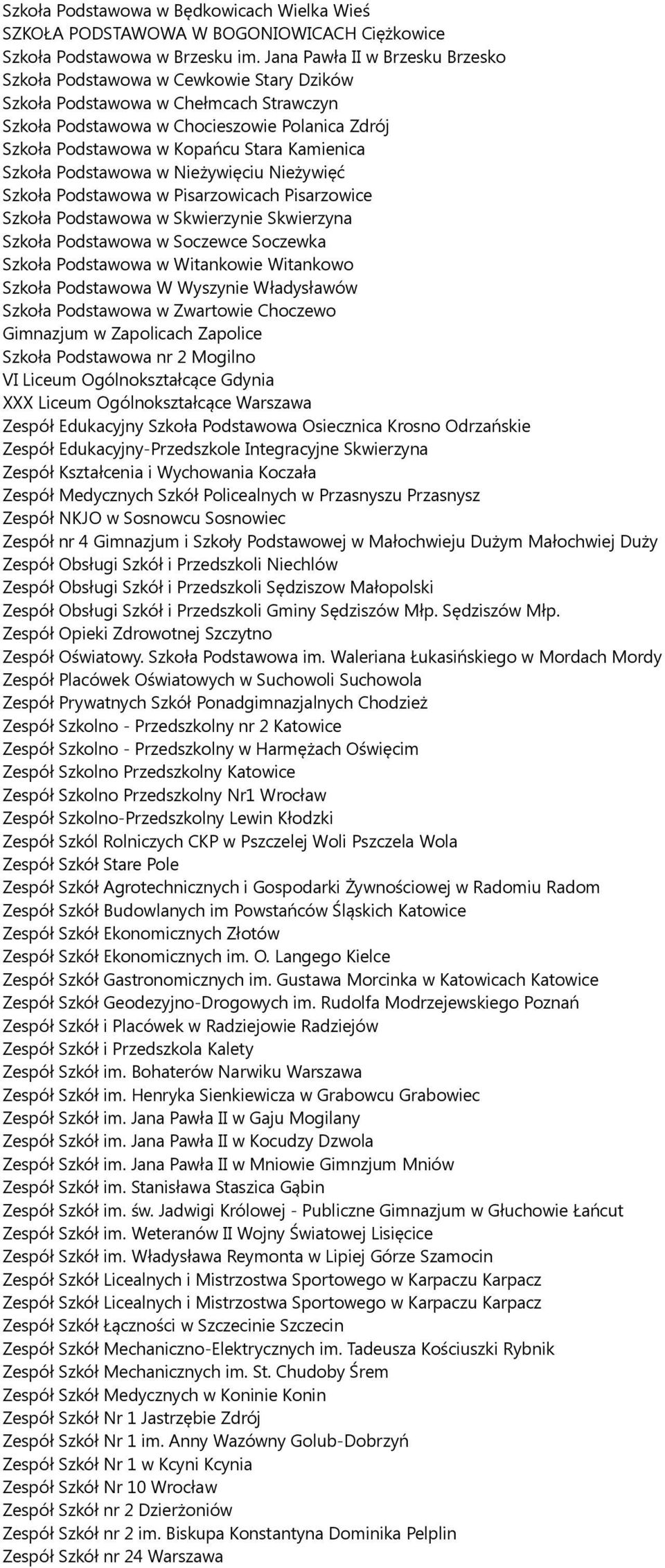 Kamienica Szkoła Podstawowa w Nieżywięciu Nieżywięć Szkoła Podstawowa w Pisarzowicach Pisarzowice Szkoła Podstawowa w Skwierzynie Skwierzyna Szkoła Podstawowa w Soczewce Soczewka Szkoła Podstawowa w