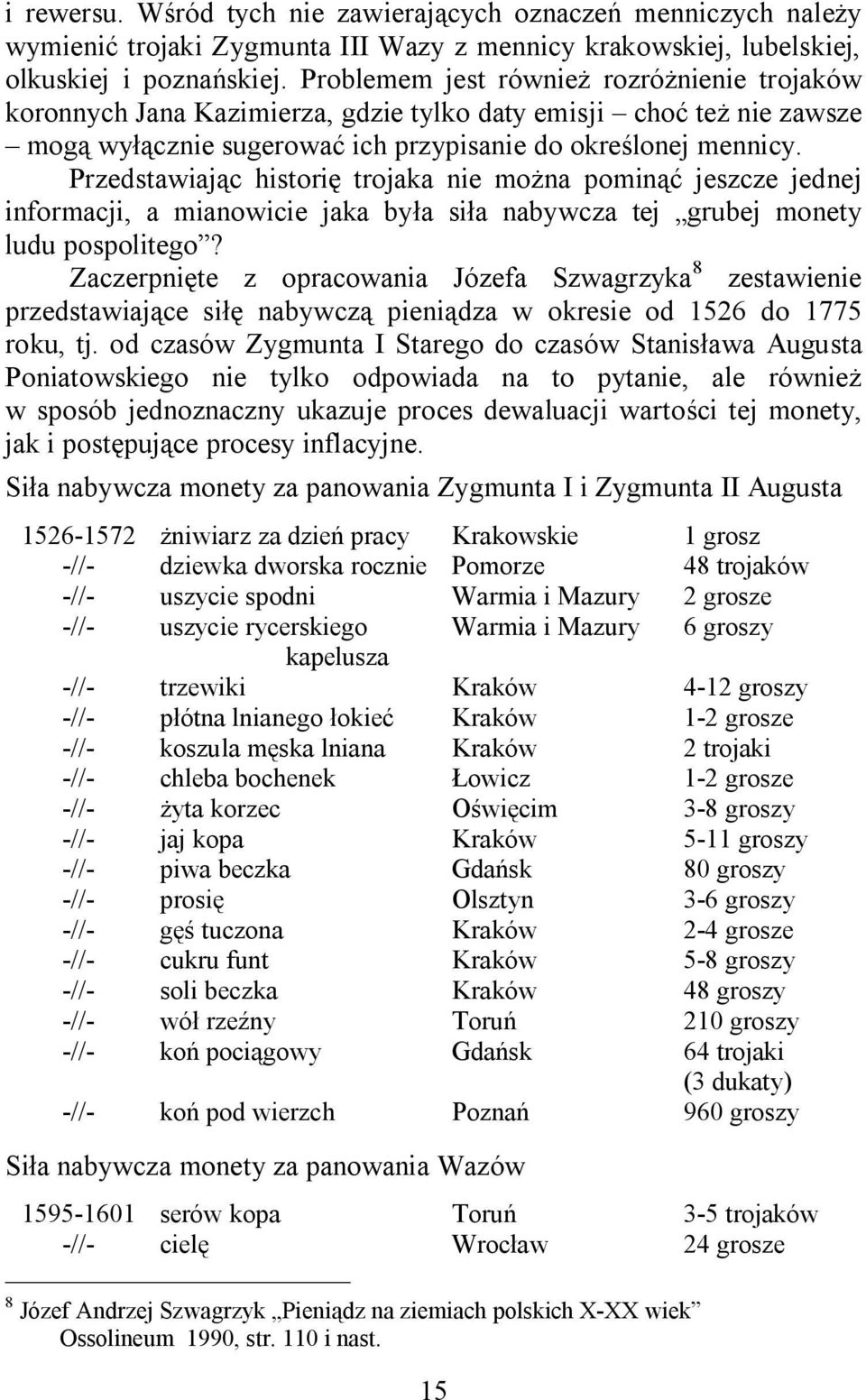 Przedstawiając historię trojaka nie można pominąć jeszcze jednej informacji, a mianowicie jaka była siła nabywcza tej grubej monety ludu pospolitego?