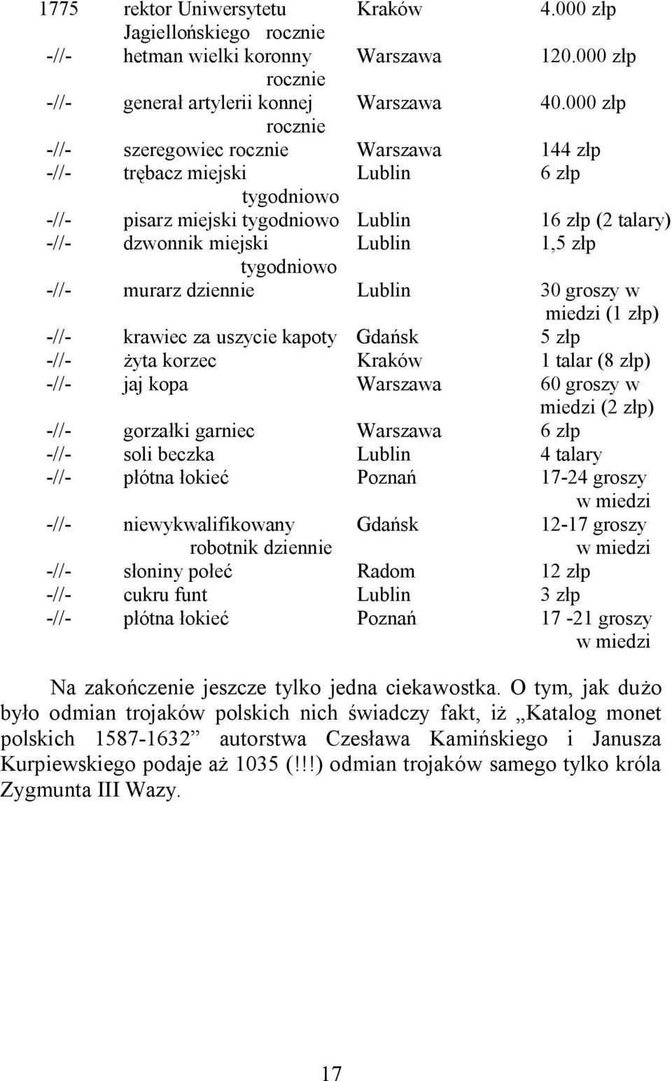 tygodniowo -//- murarz dziennie Lublin 30 groszy w miedzi (1 złp) -//- krawiec za uszycie kapoty Gdańsk 5 złp -//- żyta korzec Kraków 1 talar (8 złp) -//- jaj kopa Warszawa 60 groszy w miedzi (2 złp)