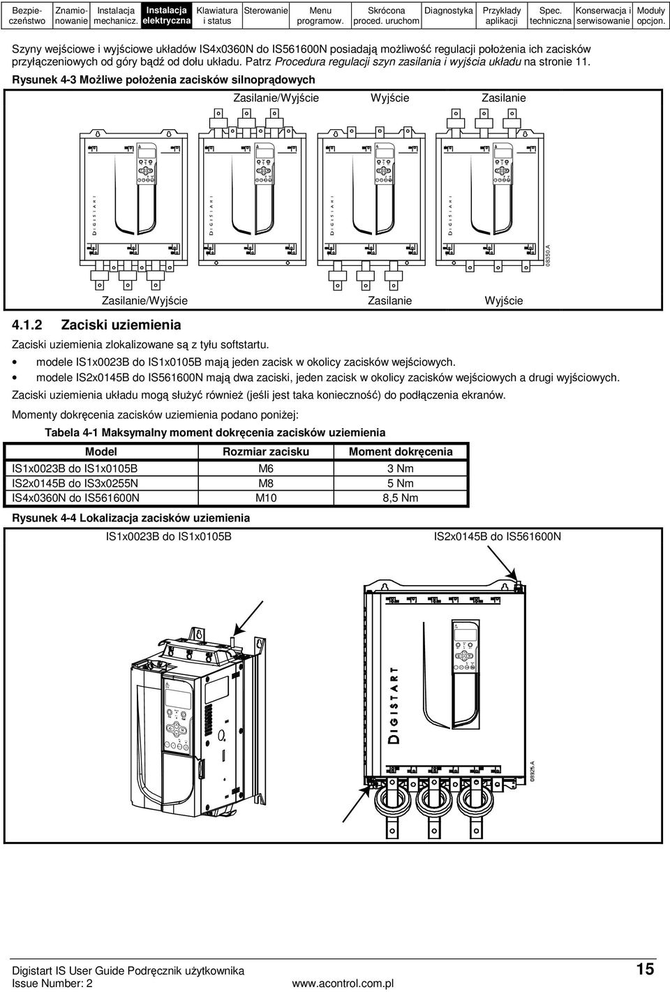 A Zasilanie/Wyjście Zasilanie Wyjście 4.1.2 Zaciski uziemienia Zaciski uziemienia zlokalizowane są z tyłu softstartu. modele IS1x0023B do IS1x0105B mają jeden zacisk w okolicy zacisków wejściowych.