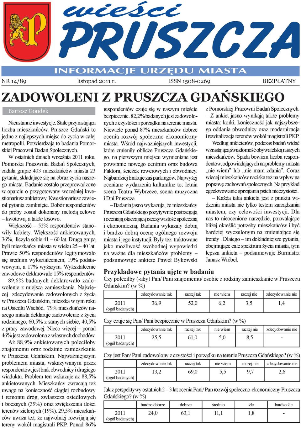 W ostatnich dniach września 2011 roku, Pomorska Pracownia Badań Społecznych, zadała grupie 403 mieszkańców miasta 23 pytania, składające się na obraz życia naszego miasta.