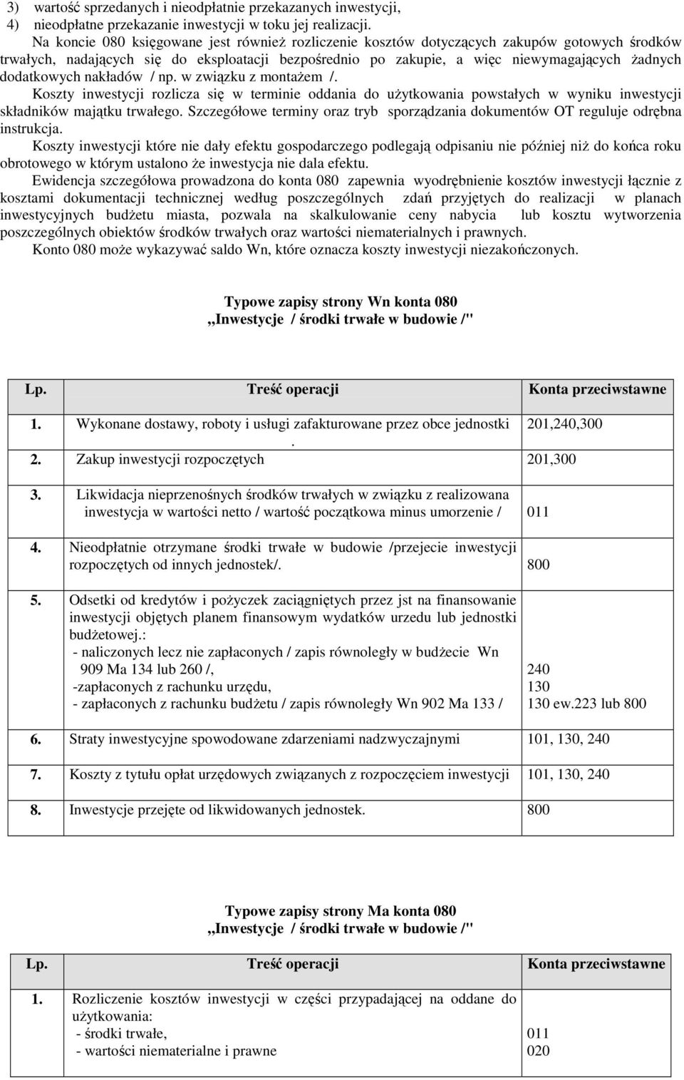 dodatkowych nakładów / np. w związku z montażem /. Koszty inwestycji rozlicza się w terminie oddania do użytkowania powstałych w wyniku inwestycji składników majątku trwałego.