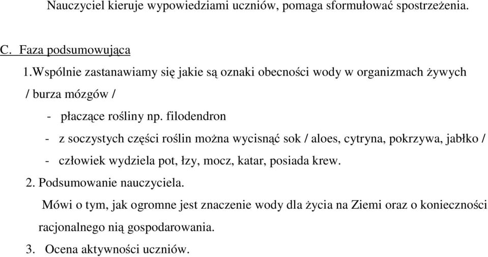 filodendron - z soczystych części roślin można wycisnąć sok / aloes, cytryna, pokrzywa, jabłko / - człowiek wydziela pot, łzy, mocz,