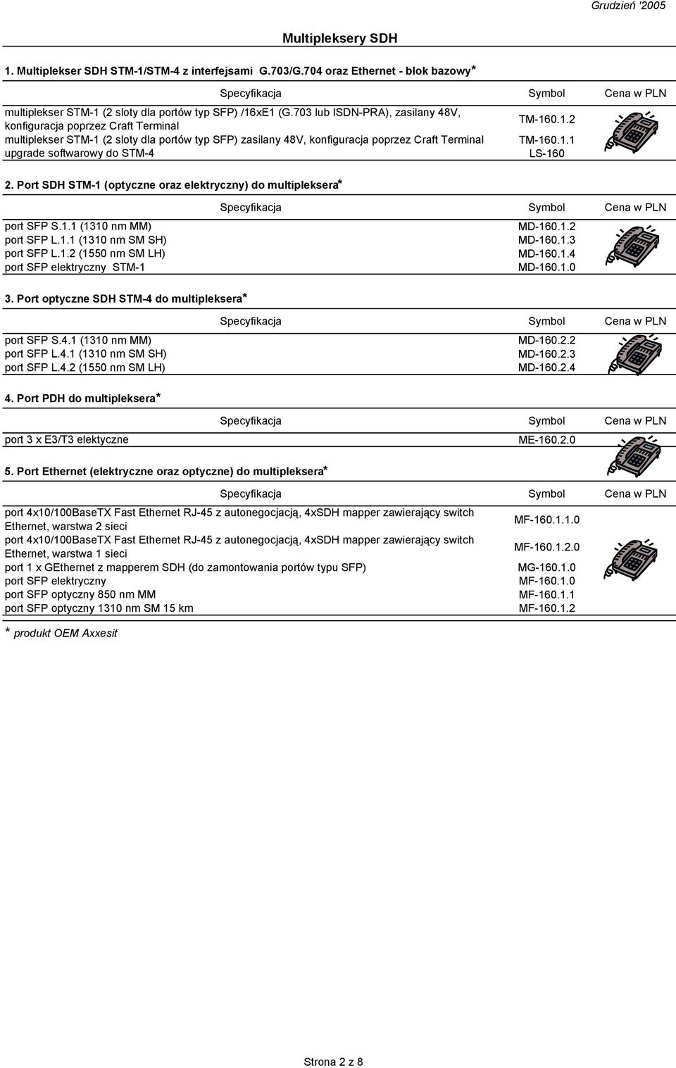 Port SDH STM-1 (optyczne oraz elektryczny) do multipleksera* port SFP S.1.1 (1310 nm MM) port SFP L.1.1 (1310 nm SM SH) port SFP L.1.2 (1550 nm SM LH) port SFP elektryczny STM-1 MD-160.1.2 MD-160.1.3 MD-160.