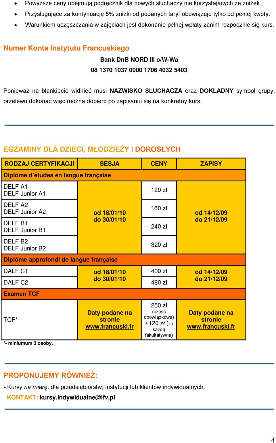 Numer Konta Instytutu Francuskiego Bank DnB NORD III o/w-wa 08 1370 1037 0000 1706 4032 5403 Ponieważ na blankiecie widnieć musi NAZWISKO SŁUCHACZA oraz DOKŁADNY symbol grupy, przelewu dokonać więc