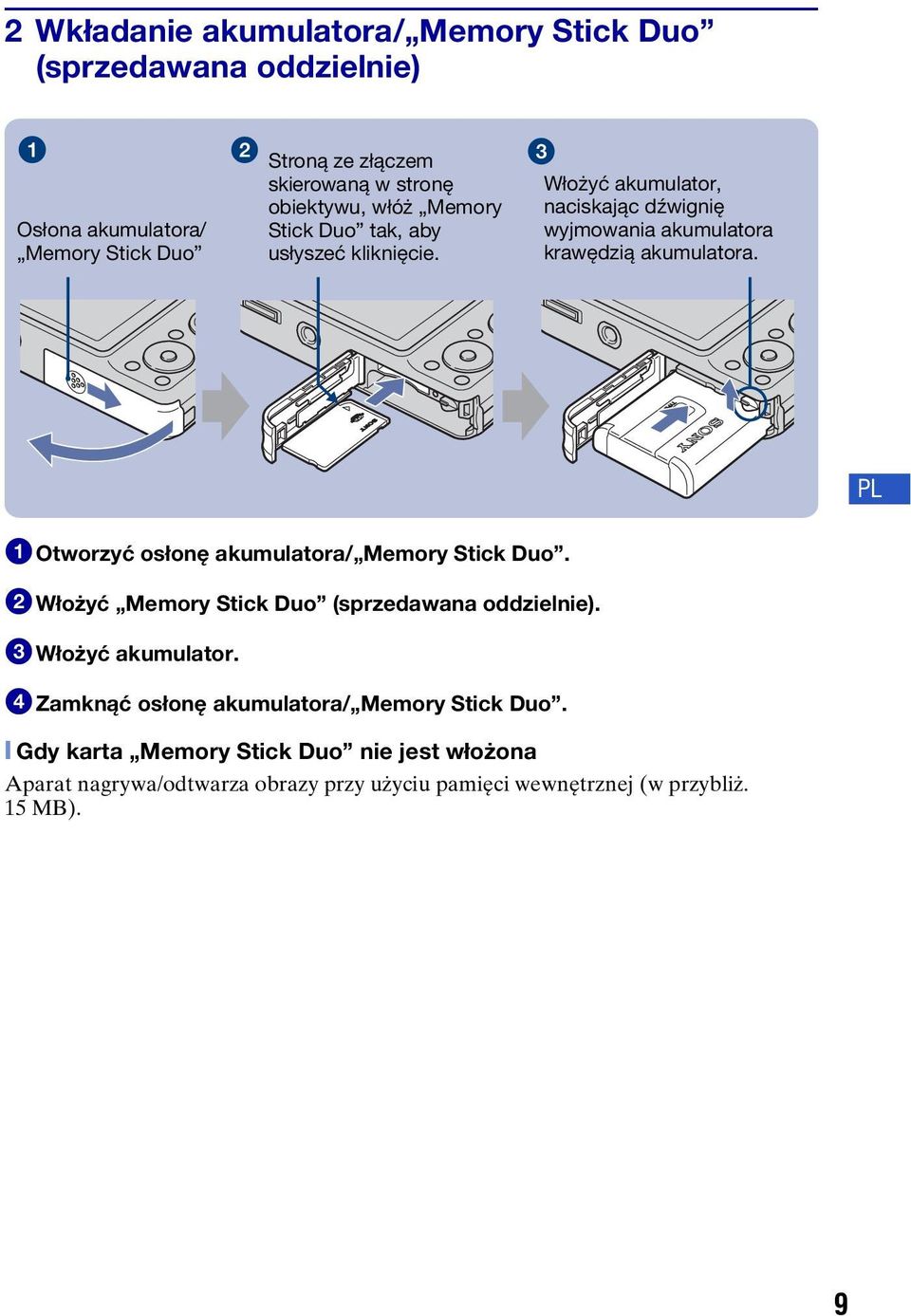 PL 1Otworzyć osłonę akumulatora/ Memory Stick Duo. 2Włożyć Memory Stick Duo (sprzedawana oddzielnie). 3Włożyć akumulator.