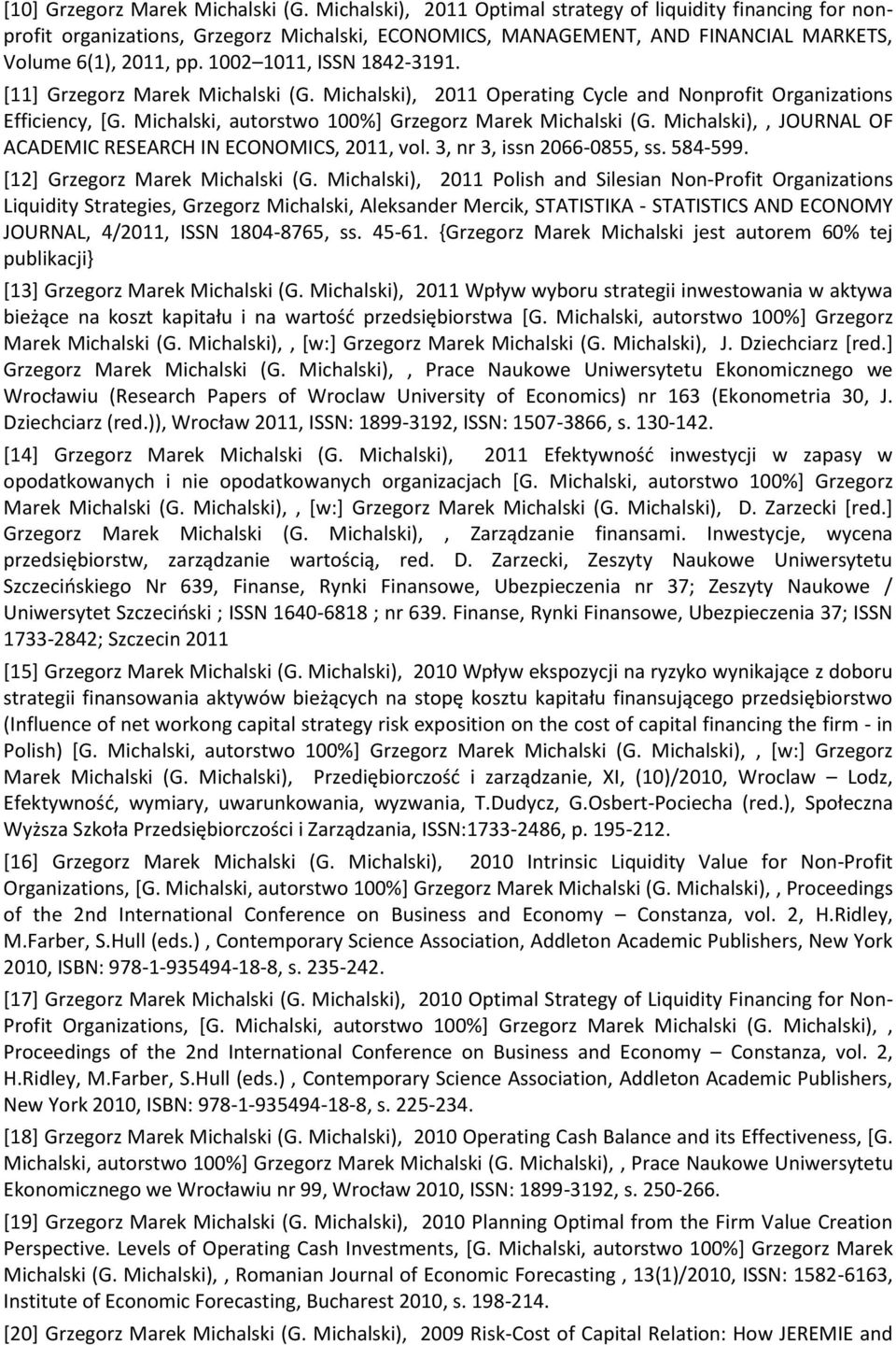 1002 1011, ISSN 1842-3191. [11] Grzegorz Marek Michalski (G. Michalski), 2011 Operating Cycle and Nonprofit Organizations Efficiency, [G. Michalski, autorstwo 100%] Grzegorz Marek Michalski (G.