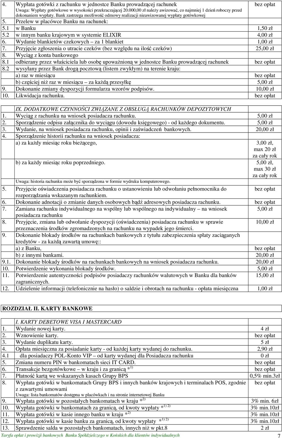 1 w Banku 1,50 zł 5.2 w innym banku krajowym w systemie ELIXIR 4,00 zł 6. Wydanie blankietów czekowych za 1 blankiet 1,00 zł 7.