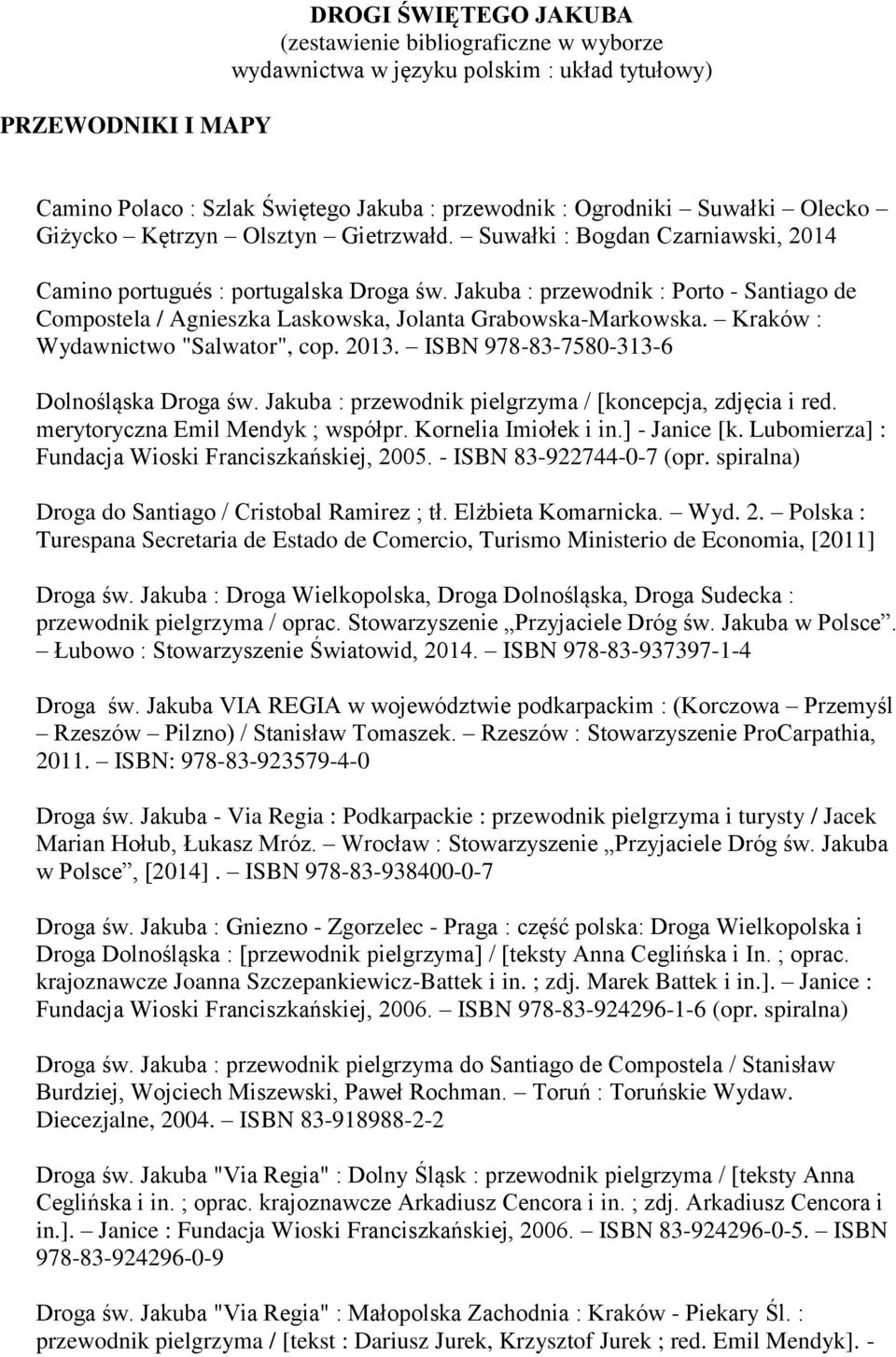 Jakuba : przewodnik : Porto - Santiago de Compostela / Agnieszka Laskowska, Jolanta Grabowska-Markowska. Kraków : Wydawnictwo "Salwator", cop. 2013. ISBN 978-83-7580-313-6 Dolnośląska Droga św.