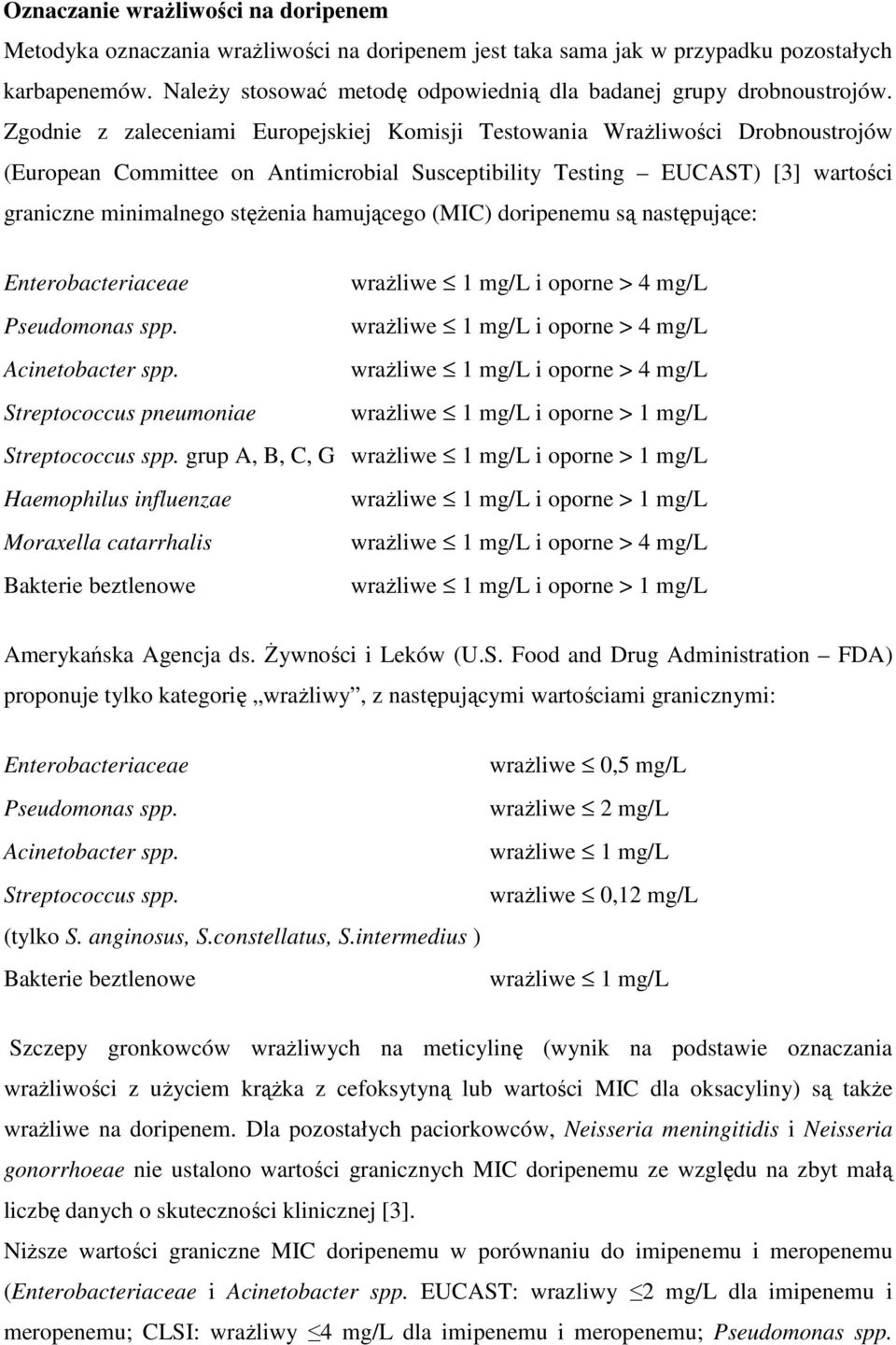 Zgodnie z zaleceniami Europejskiej Komisji Testowania Wrażliwości Drobnoustrojów (European Committee on Antimicrobial Susceptibility Testing EUCAST) [3] wartości graniczne minimalnego stężenia