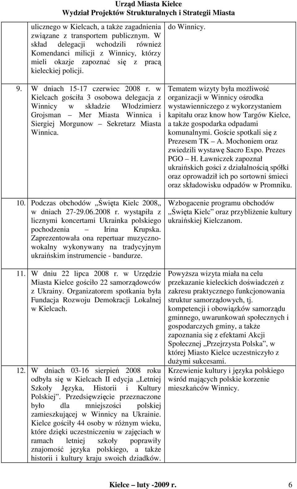 w Kielcach gościła 3 osobowa delegacja z Winnicy w składzie Włodzimierz Grojsman Mer Miasta Winnica i Siergiej Morgunow Sekretarz Miasta Winnica. 10. Podczas obchodów Święta Kielc 2008 w dniach 27-29.